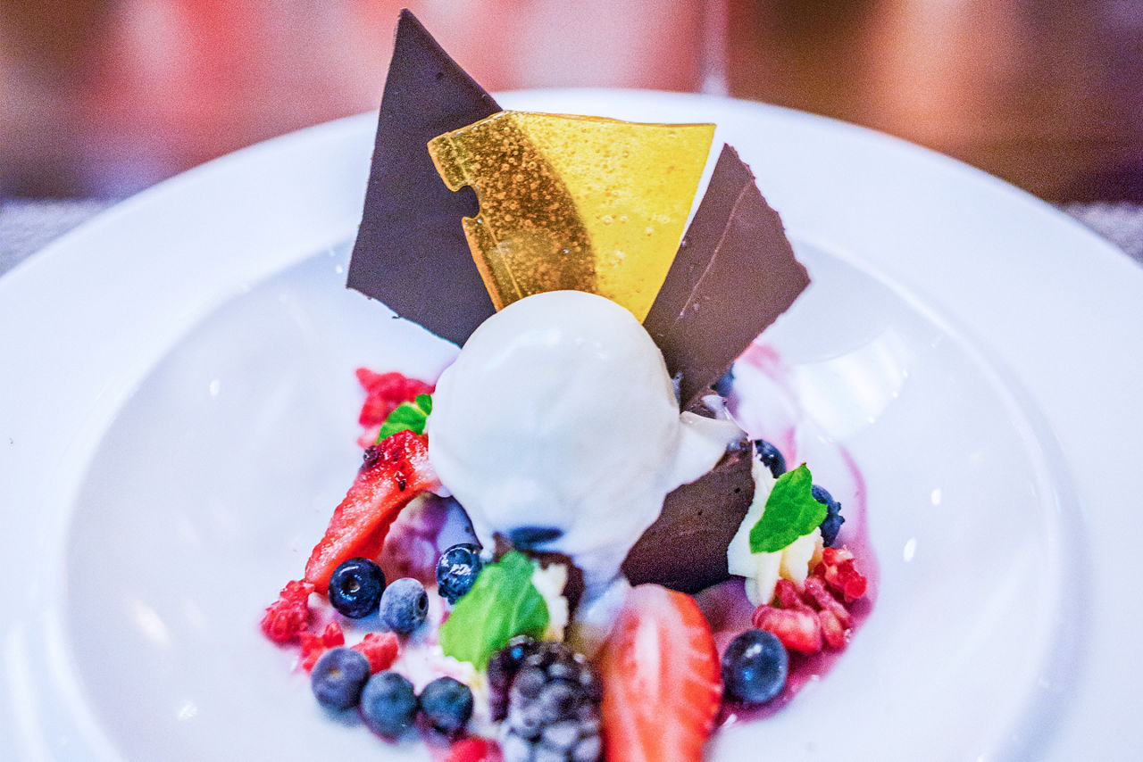Chefs Table Dessert with Fruits Close Up