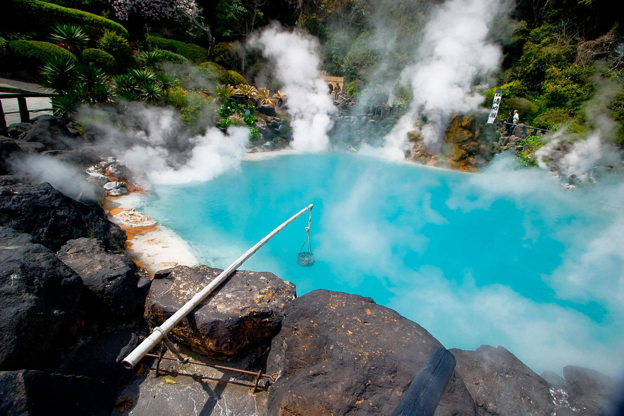 Umi Jigoku (Sea Hell) is one of the tourist attractions featuring a pond of boiling blue water