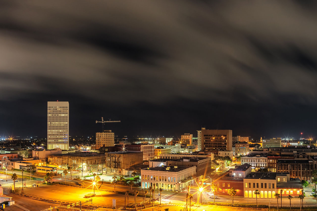 Take in Galveston's sparkling nighttime skyline.
