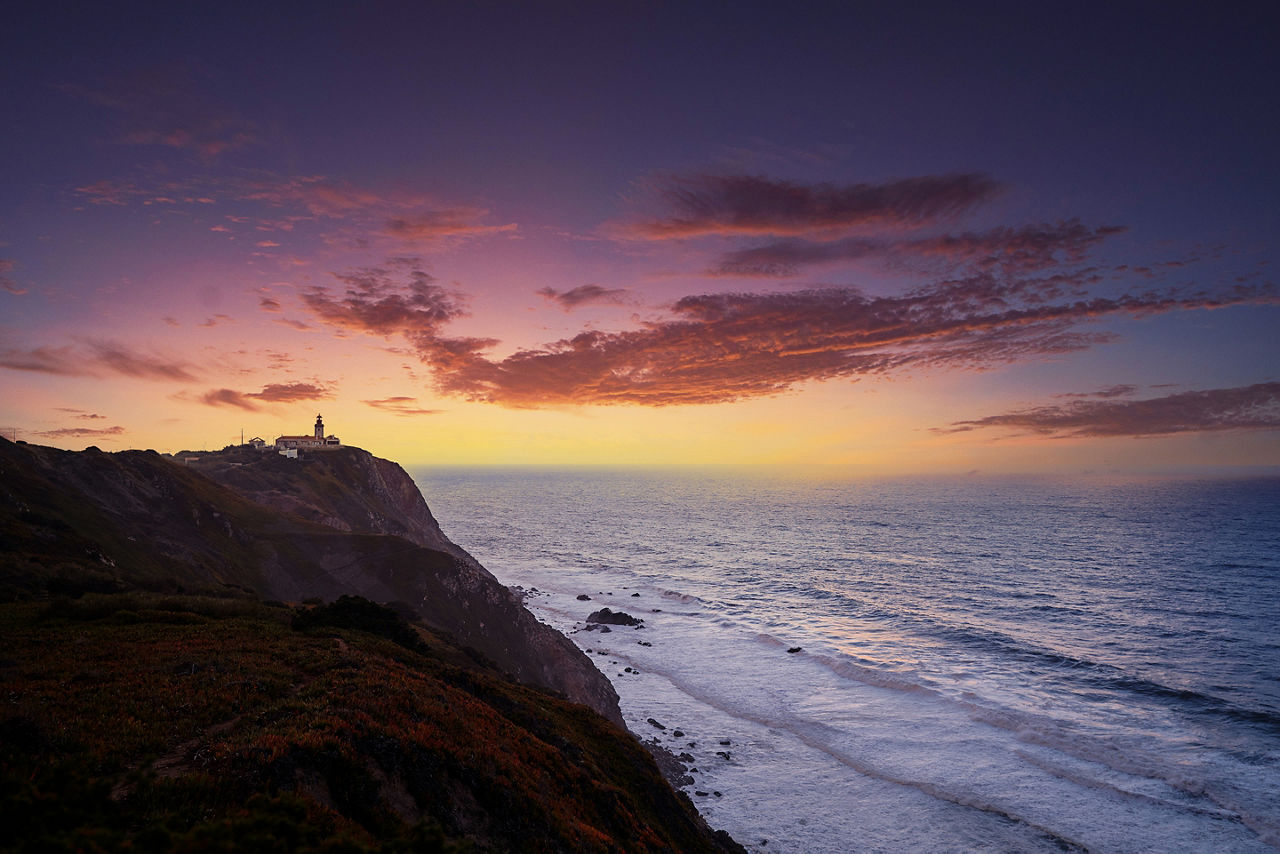 Rocks and waves at coastline picturesque landscape. Cabo da Roca, Portugal