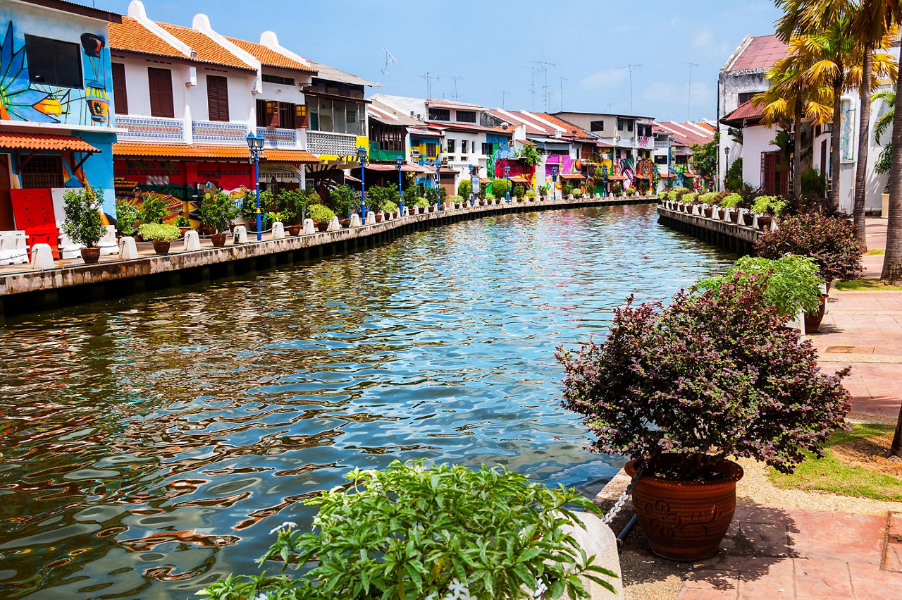 Historical part of the old malaysian town Malacca, Malaysia, with a river and colorful houses