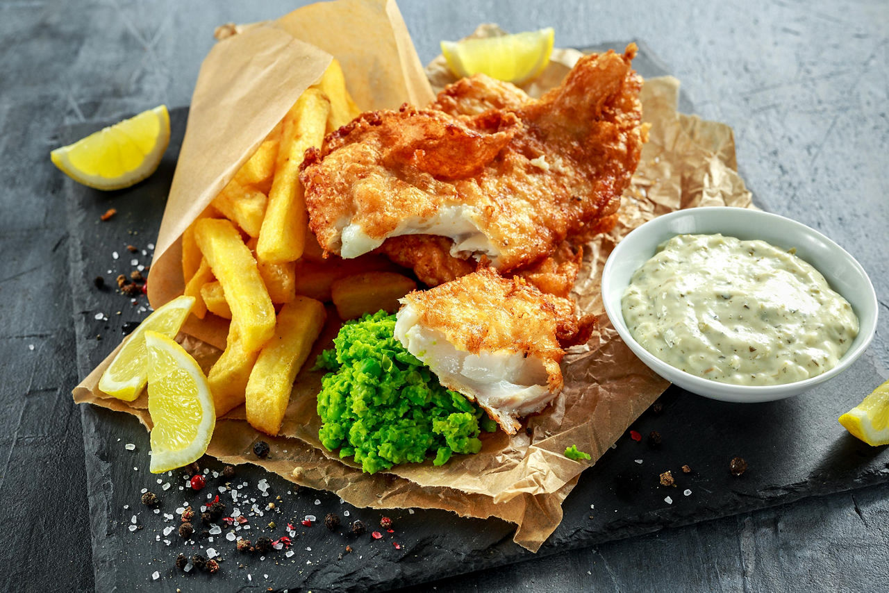Traditional fish and chips in England