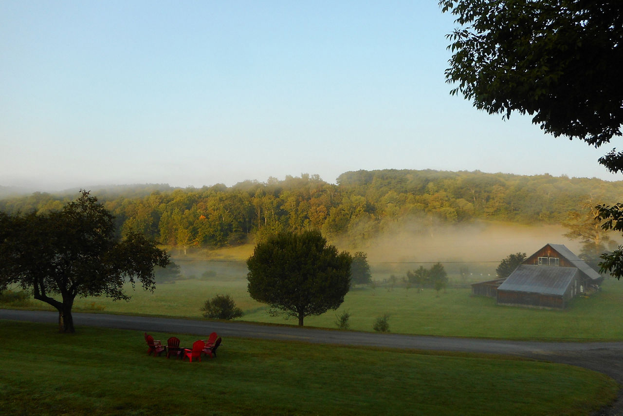 Foggy landscape in the hills of Cooperstown New York brewery. Northeast America.