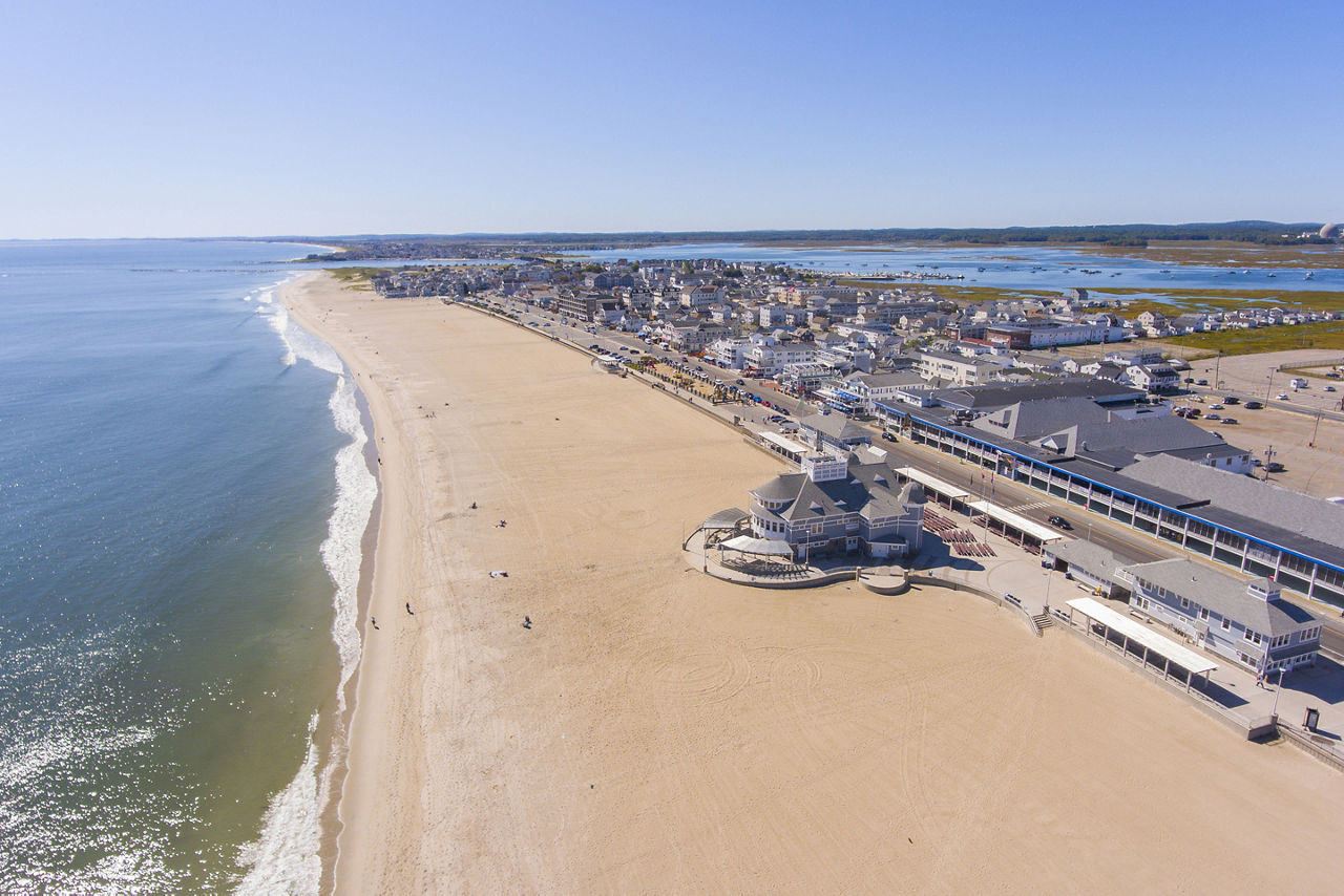 Hampton Beach aerial view of Smuttynose Brewing. Northeast America.