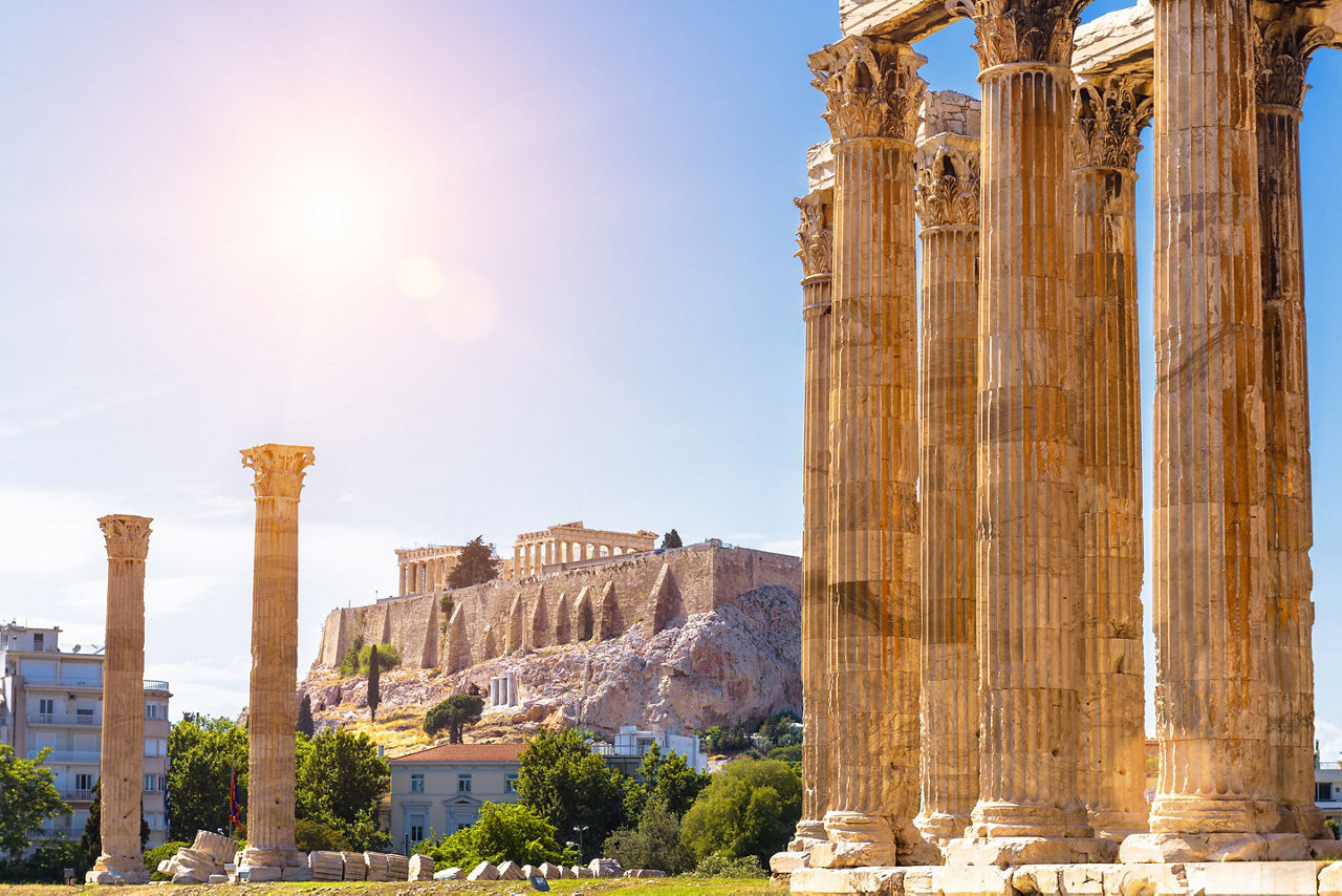 Athens view, Zeus temple overlooking Acropolis, Greece.