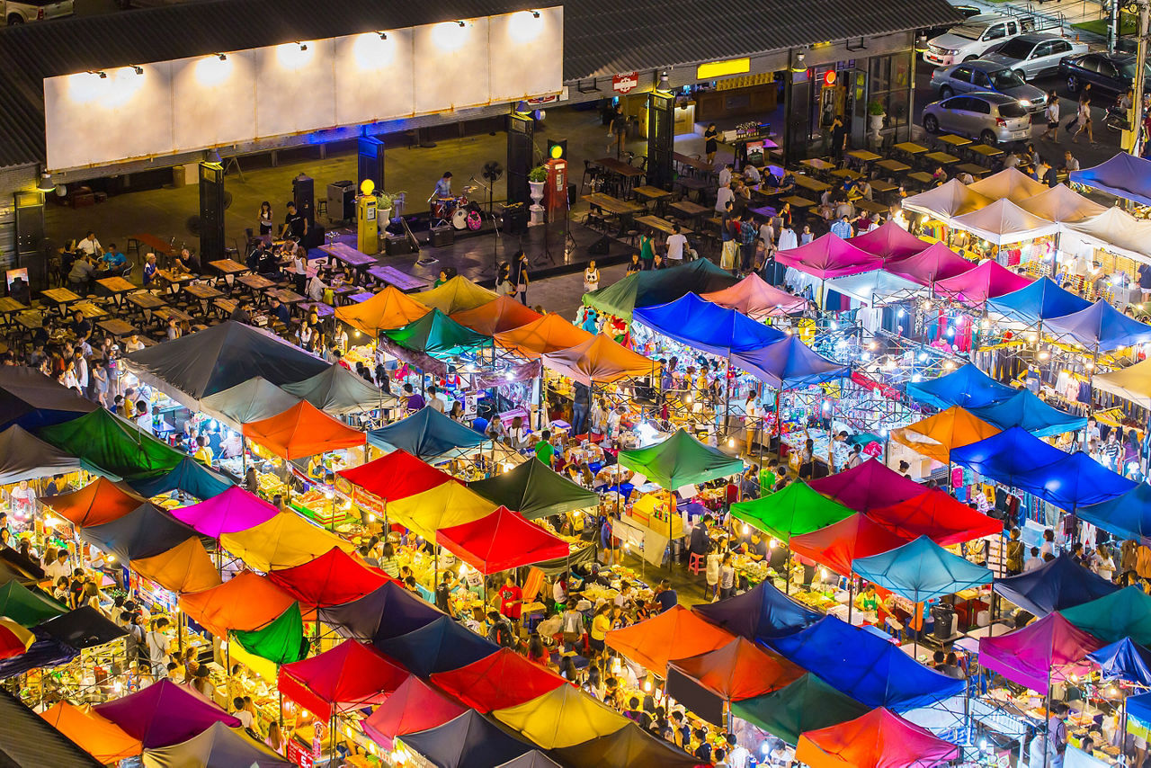 Aerial view of street markets in Bangkok, Thailand