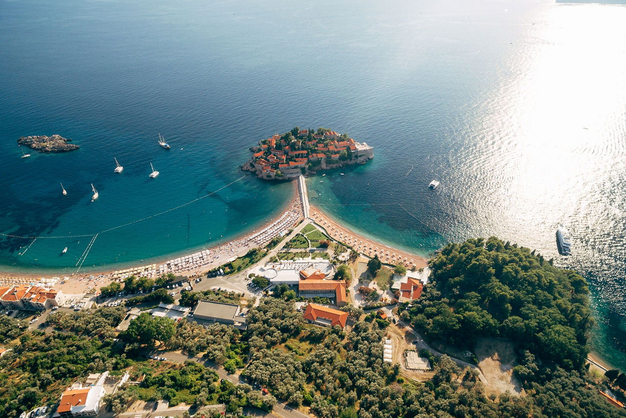 Aerial view to the island of Sveti Stefan in Kotor Bay. Montenegro
