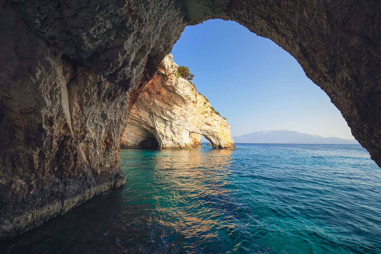 Agios Nikolaos blue caves in Zakynthos (Zante) island, in Greece